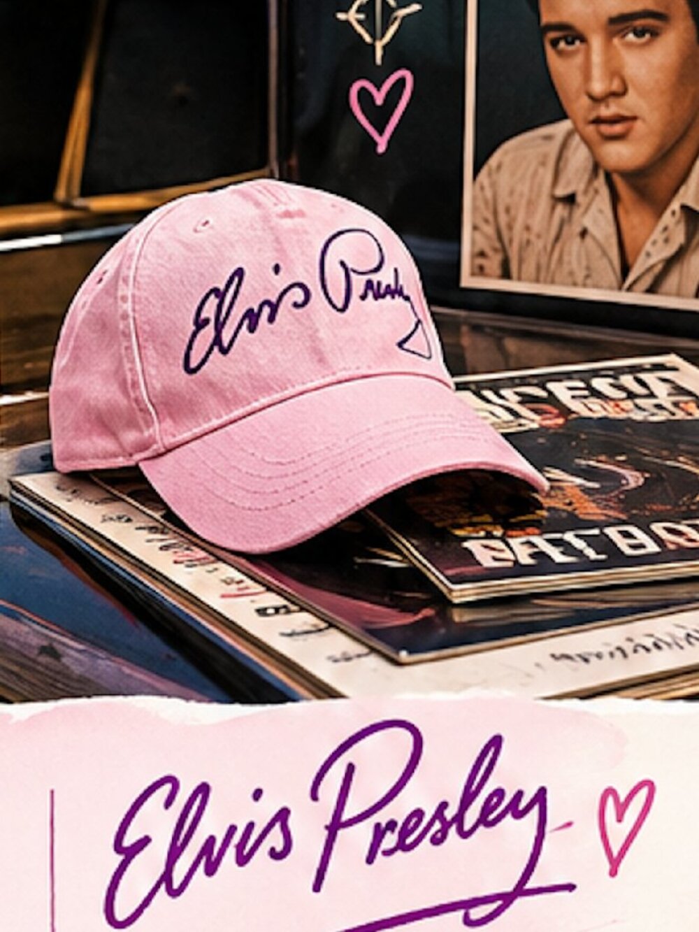 Elvis Presley Pink Signature Adjustable Hat - Elvis Baseball Hat